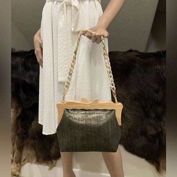 Handmade Genuine Cowhide Embossed  Leather Wooden Frame Purse & 2 Strap Styles - Picture 13 of 15